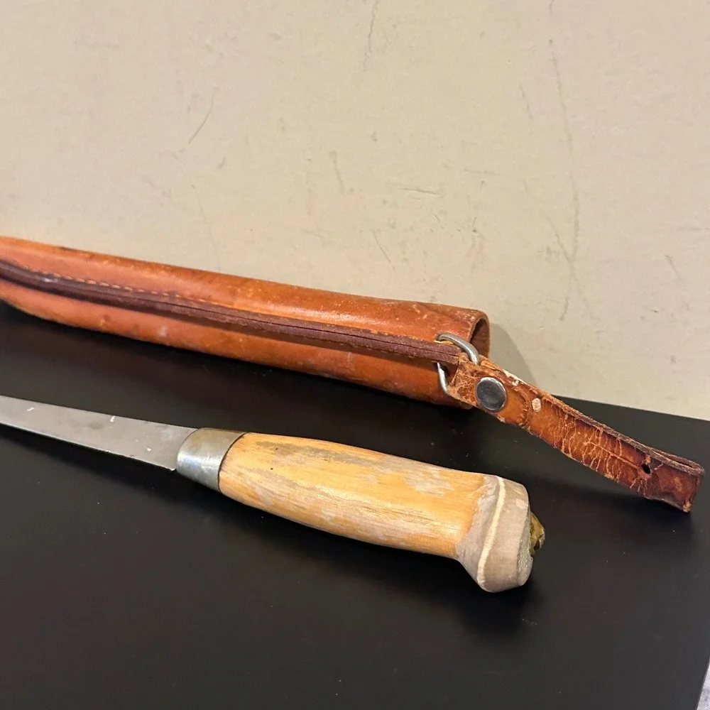 Vintage J Marttiini Finland Fillet Knife Stainless Steel Birch Leather Sheath
